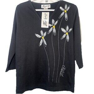 Victoria Hand Painted Floral Top Small Black V-Neck 3/4 Sleeve Made USA